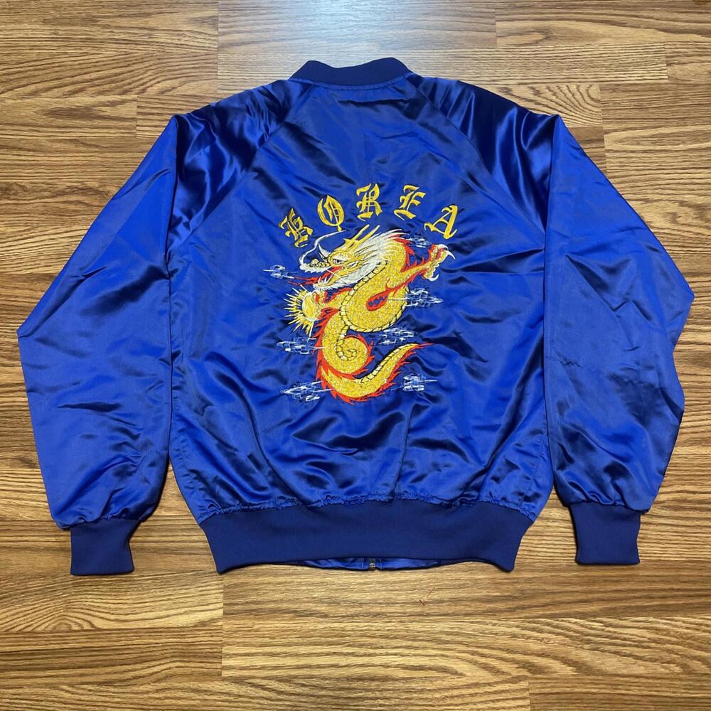 Vtg Korea Blue Satin Souvenir Jacket Embroidered Dragon Roses YKK Men’s L